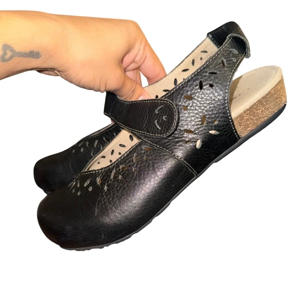 Aetrex Cheryl Black Leather Laser Cut Mary Jane Clog SC900W Womens 9 - Picture 3 of 5